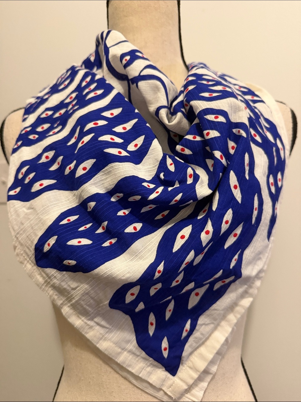 Lush Blue, White & Red Printed Women's Scarf 28” square Cotton